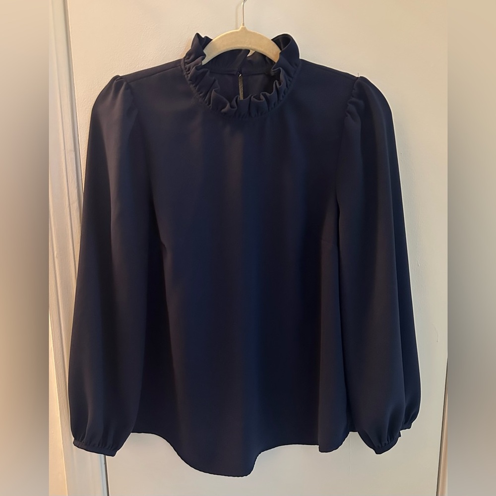 J. CREW Women's Navy Ruffle Neck Long Sleeve Top